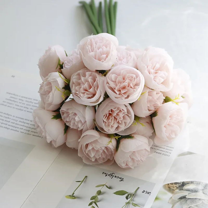 Rose Pink Peony Artificial Flowers Silk Bouquet 27Heads Roses Fake Flower for Table Vase Arrange Home Wedding Decoration Flowers