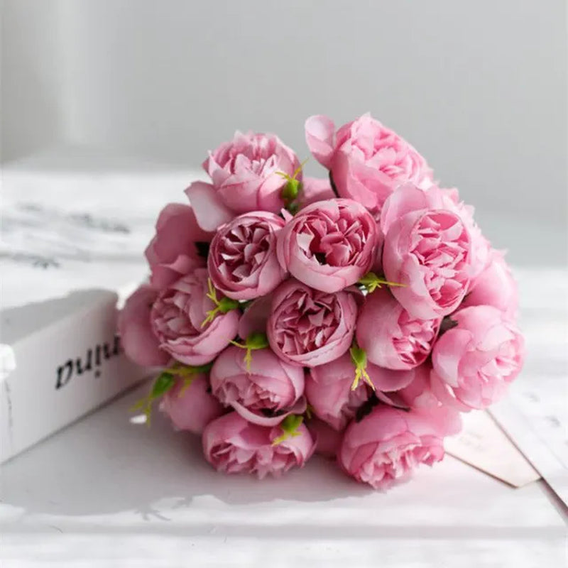 Rose Pink Peony Artificial Flowers Silk Bouquet 27Heads Roses Fake Flower for Table Vase Arrange Home Wedding Decoration Flowers