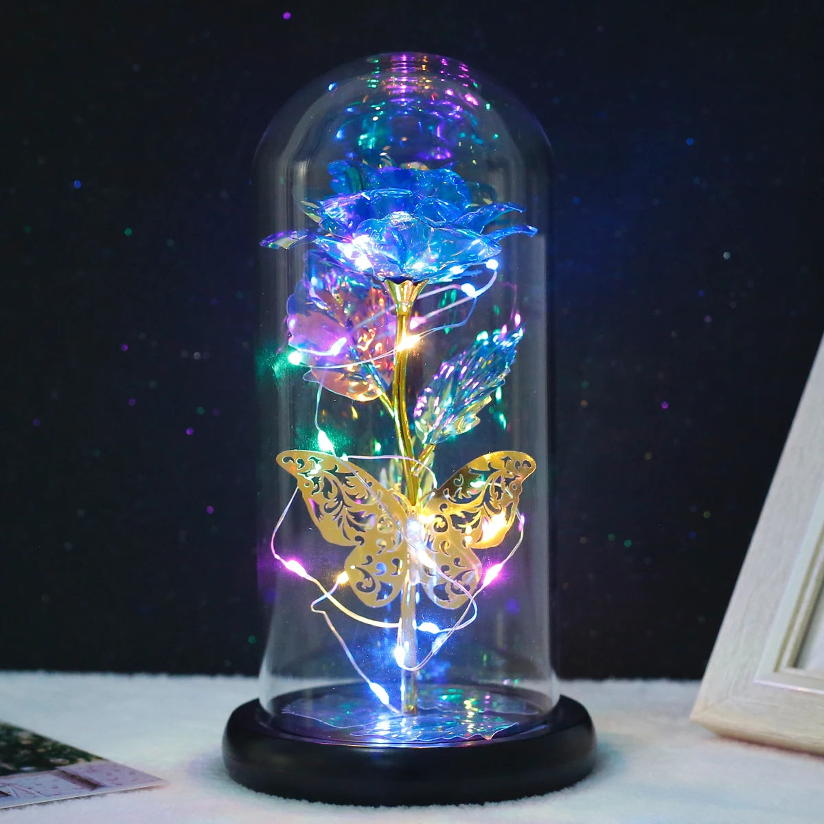 Rose Light Artificial Galaxy Rose Lamp with Butterfly and Colorful LED Rose Flowers in Glass Battery Powered Gifts for Women