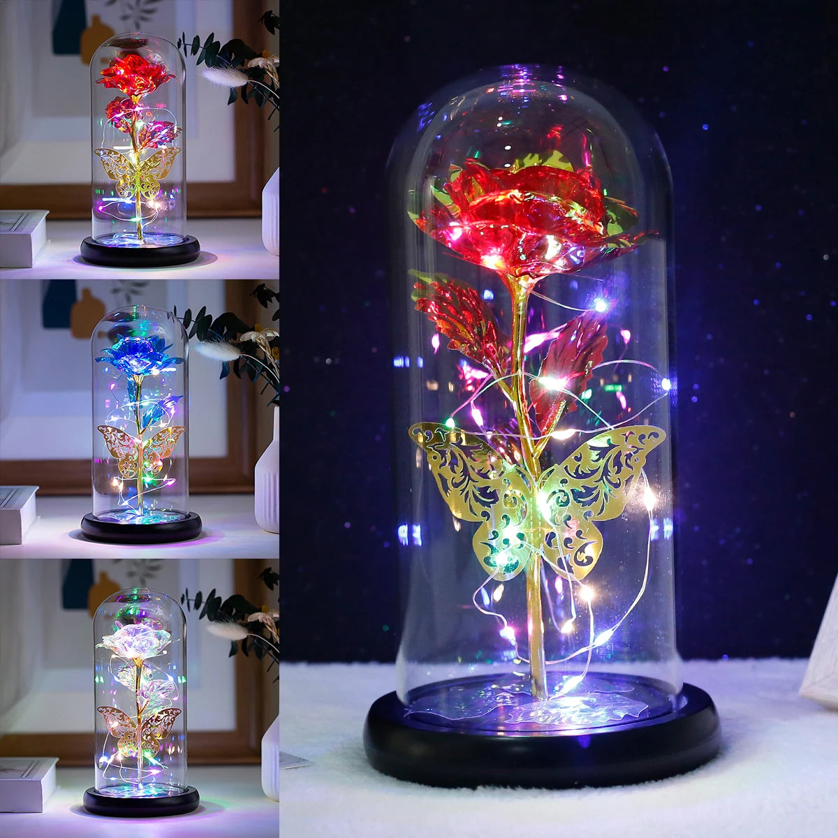 Rose Light Artificial Galaxy Rose Lamp with Butterfly and Colorful LED Rose Flowers in Glass Battery Powered Gifts for Women