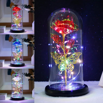 Rose Light Artificial Galaxy Rose Lamp with Butterfly and Colorful LED Rose Flowers in Glass Battery Powered Gifts for Women