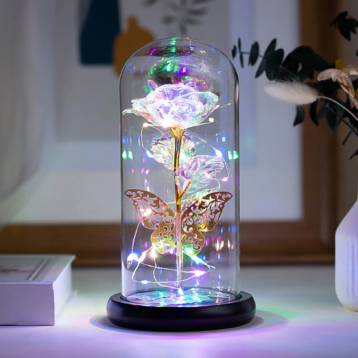 Rose Light Artificial Galaxy Rose Lamp with Butterfly and Colorful LED Rose Flowers in Glass Battery Powered Gifts for Women