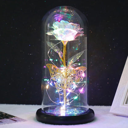 Rose Light Artificial Galaxy Rose Lamp with Butterfly and Colorful LED Rose Flowers in Glass Battery Powered Gifts for Women