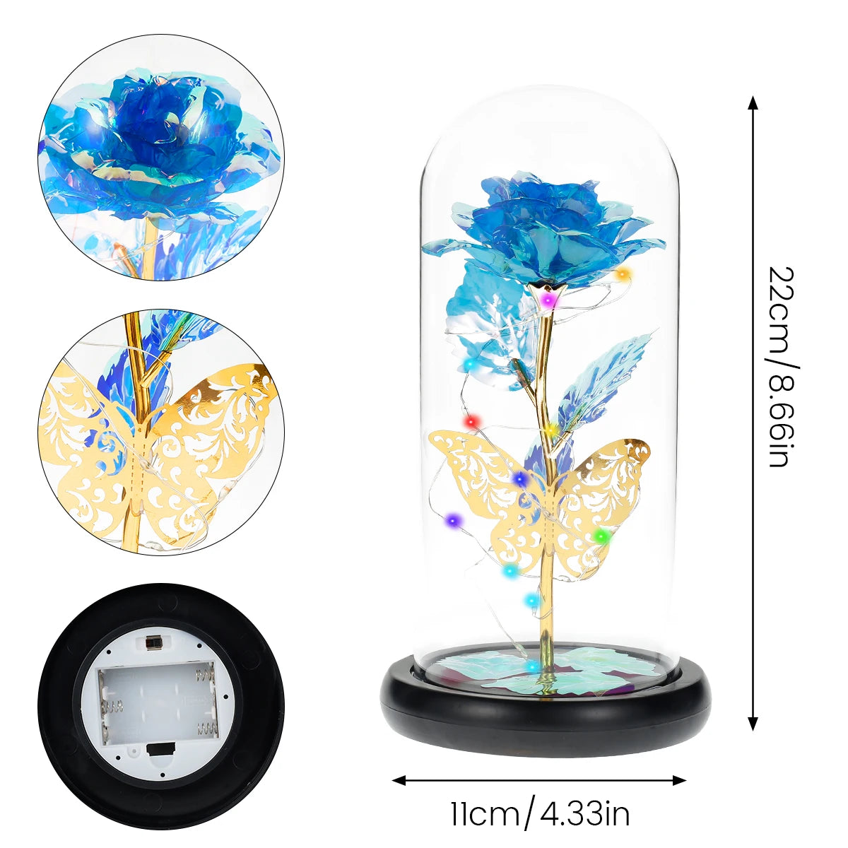 Rose Light Artificial Galaxy Rose Lamp with Butterfly and Colorful LED Rose Flowers in Glass Battery Powered Gifts for Women