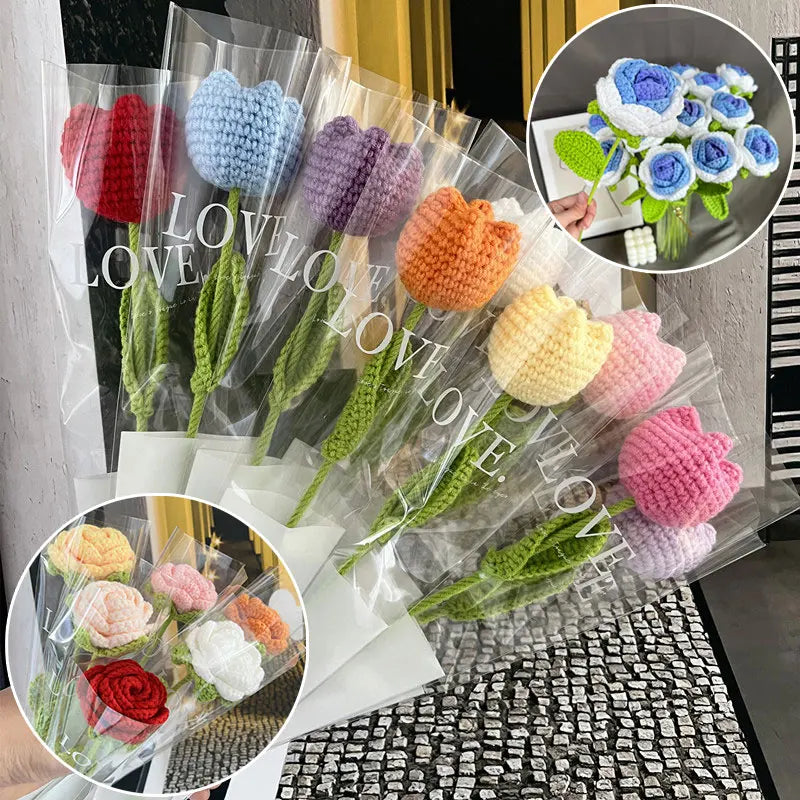 DIY Knitting Bouquet Rose Flower Bouquet Sunflower Hand-Knitted Fake Flowers Knit Flower Home Table Crochet Floral Bouquets