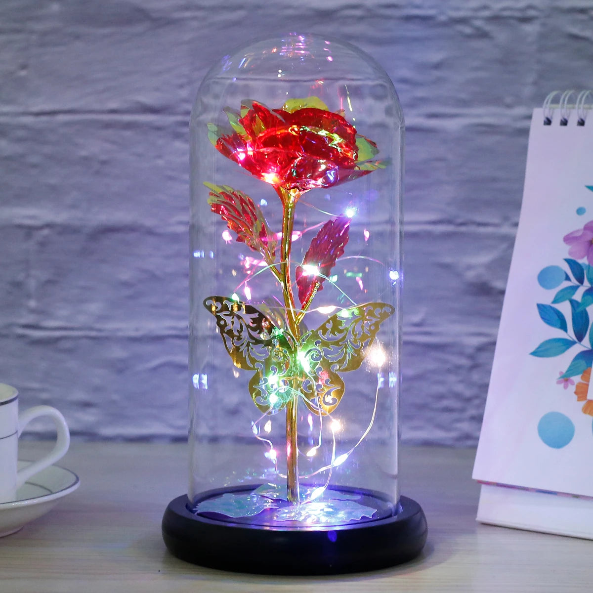 Rose Light Artificial Galaxy Rose Lamp with Butterfly and Colorful LED Rose Flowers in Glass Battery Powered Gifts for Women