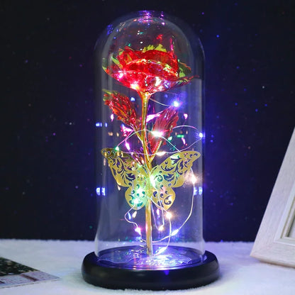 Rose Light Artificial Galaxy Rose Lamp with Butterfly and Colorful LED Rose Flowers in Glass Battery Powered Gifts for Women